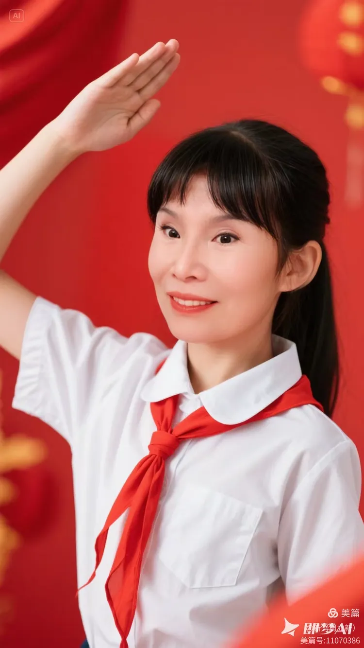 红领巾在胸前飘扬,穿越的我一位女性穿着白衬衫站在红色背景下敬礼